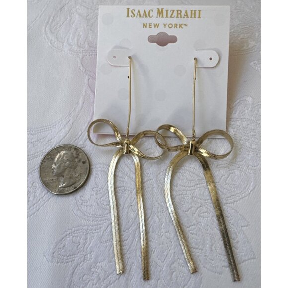Isaac Mizrahi Goldtone Herringbone Ribbon Bow Dangle Drop Earrings 4" NEW - Picture 2 of 8